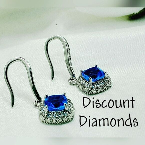 4 Ct Blue Sapphire Baguette White Diamond Earrings 14K White Gold on 925 Silver - Picture 3 of 4